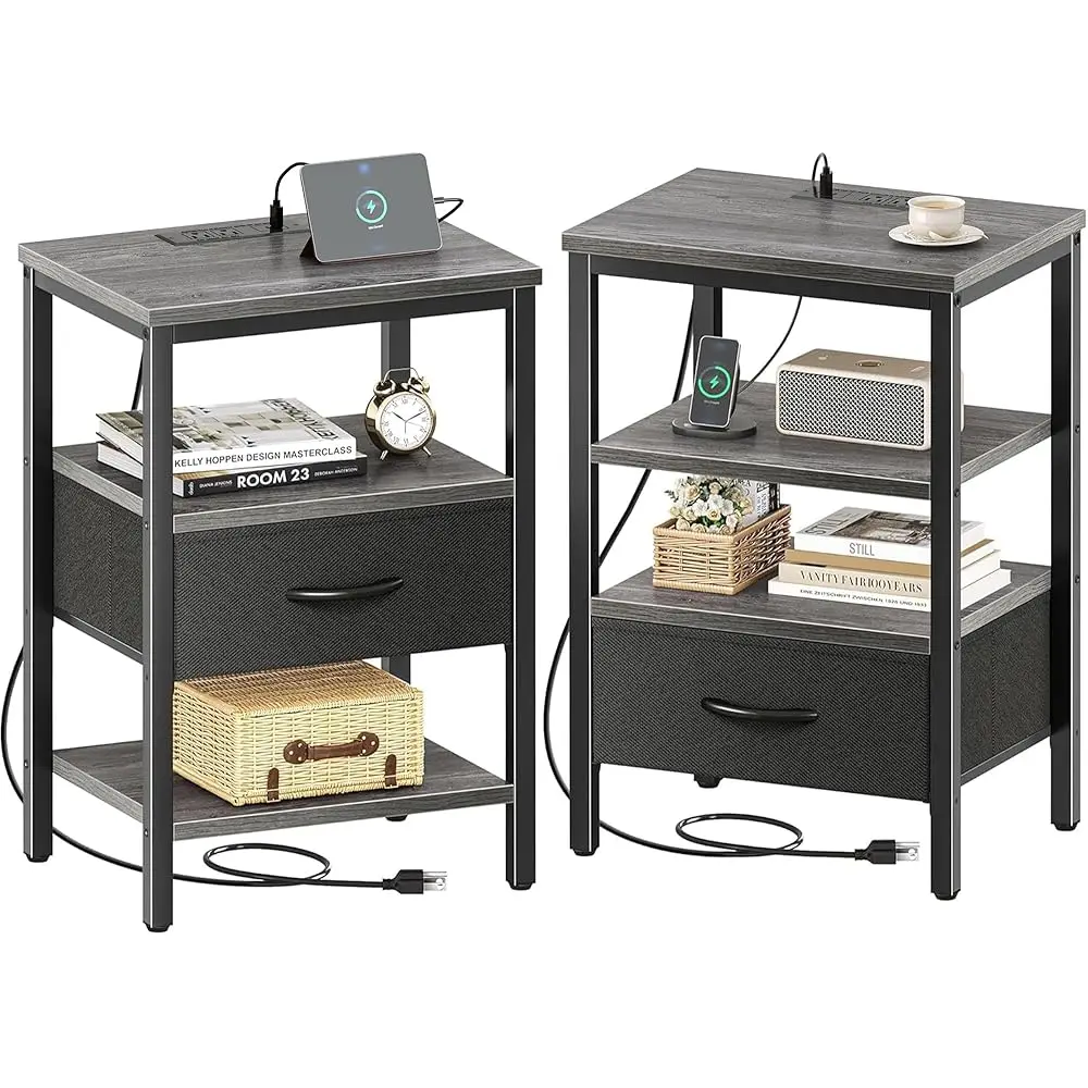 

Nightstand Set Of 2, Bed Side Tables With Charging Station, Adjustable Fabric Drawer, Night Stand For Bedroom, 3-Tier Storage