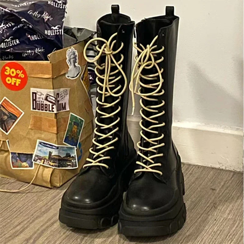 Women Knee High Motorcycle Boots Punk Platform Shoes 2024 Winter New Trend Chelsea Boots Snow Lace Up Motorcycle Botas Ladies