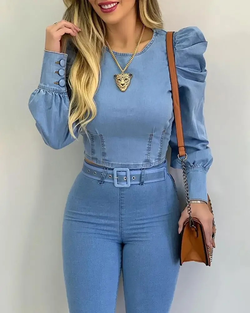 Denim Blue Women blouse Round Neck Puff Sleeve Corset Top Long Sleeve Shirt Sexy Tops Blouses Denim Top Shirt Sweetheart Slim