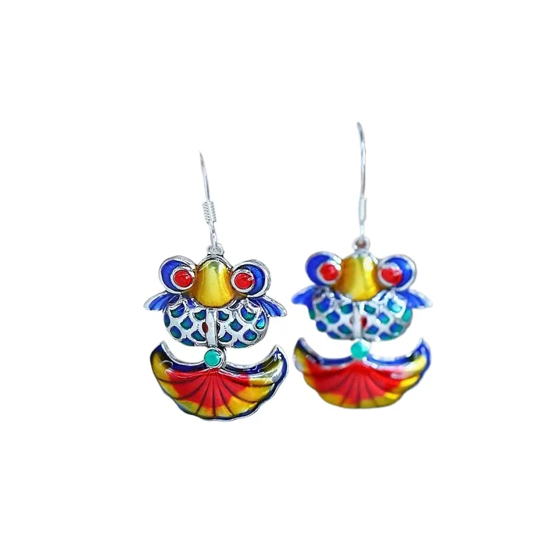 

925 silver Epoxy new Chinese style goldfish earrings women's retro ethnic style ear hooks niche old earrings