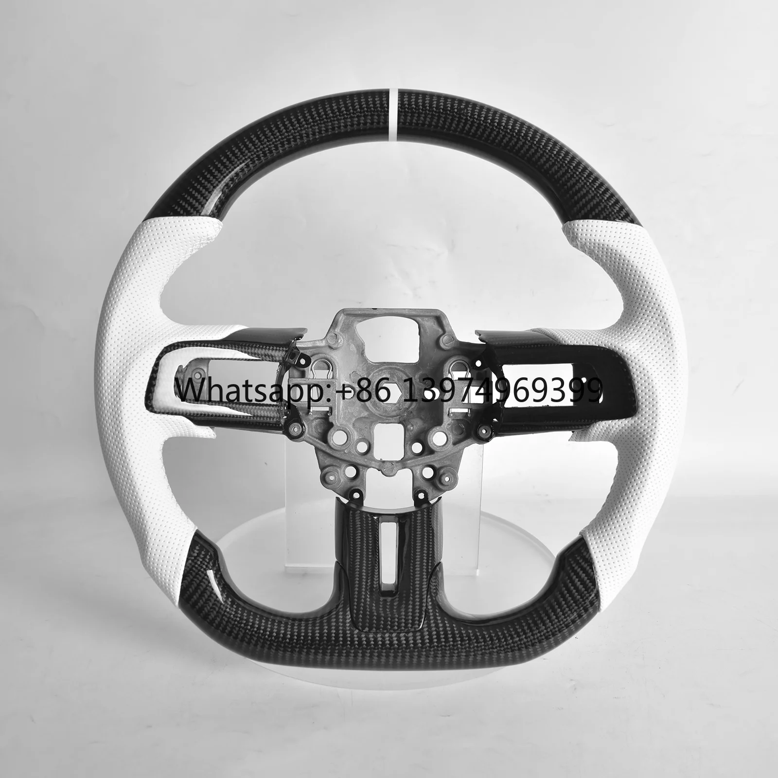 Carbon Fiber D-shape Steering Wheel for Ford Mustang GT/GT350/GT350R 2015-2017, White Nappa Leather Flat-bottom Grip with Trim