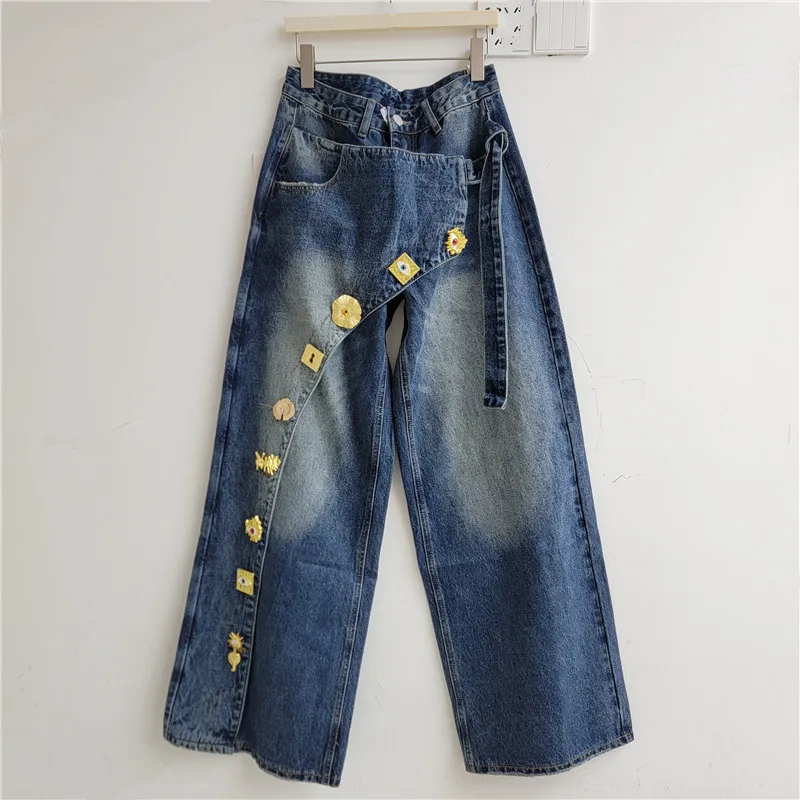 SuperAen 2026 Autumn Design Asymmetrical Straps Denim Wide-leg Pants Three-dimensional Floral Decorations Distressed Long Pants