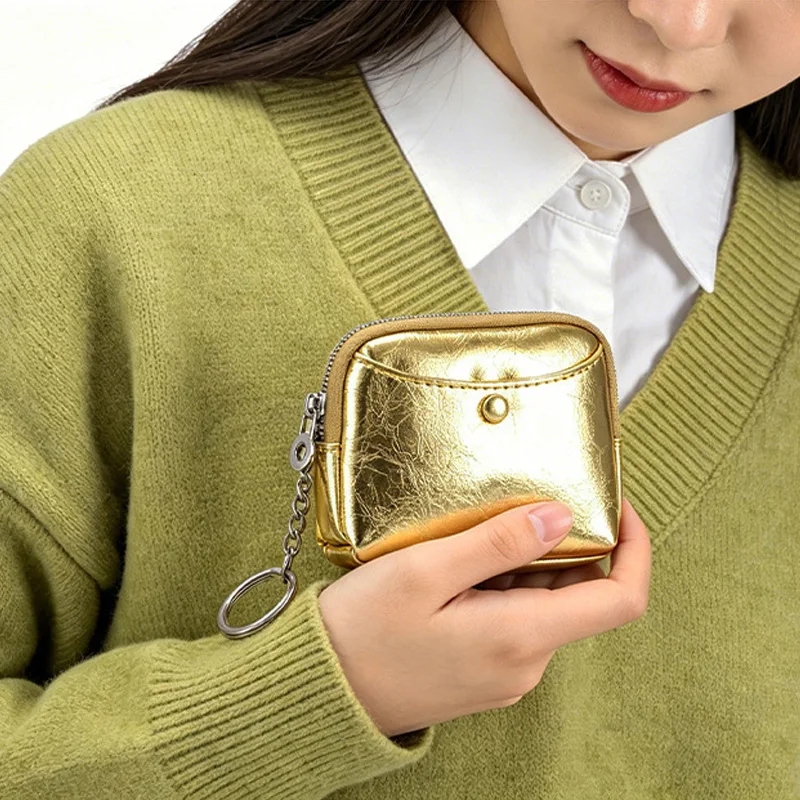 genuine-leather-compact-wallet-women's-key-bag-storage-pouch-stylish-high-aesthetic-value-gold-toned-retro-mom-style-cow