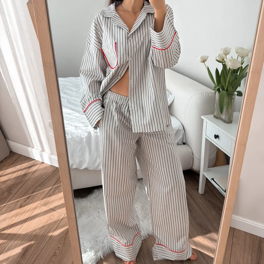 HiLoc Striped Casual Loose Woven Inelastic Pajamas 2 Piece Long Sleeve Lapel Single-Breasted Top Elastic Waist Full Length Pants