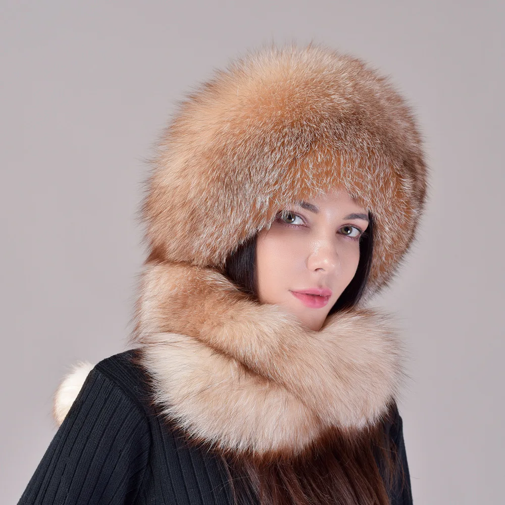 

2025 New Winter Warm Women's Real Fox Fur Hat Scarf Ladies Fox Fur Earflap Caps Russia Winter Real Fur Hat
