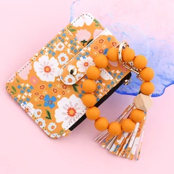 Silicone bead pu leather key chain wristlet id credit card holder keychain wallet for women  Pink Flower Print Wallet