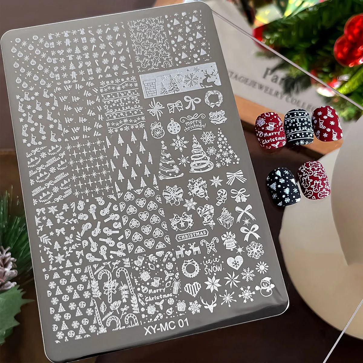 Gotische Buchstaben Nagelkunst Transferdruck Stahlplatte Nagelkunst Silikonstempel Weihnachtsserie Maniküre-Werkzeug Vorlagen – Detail 2