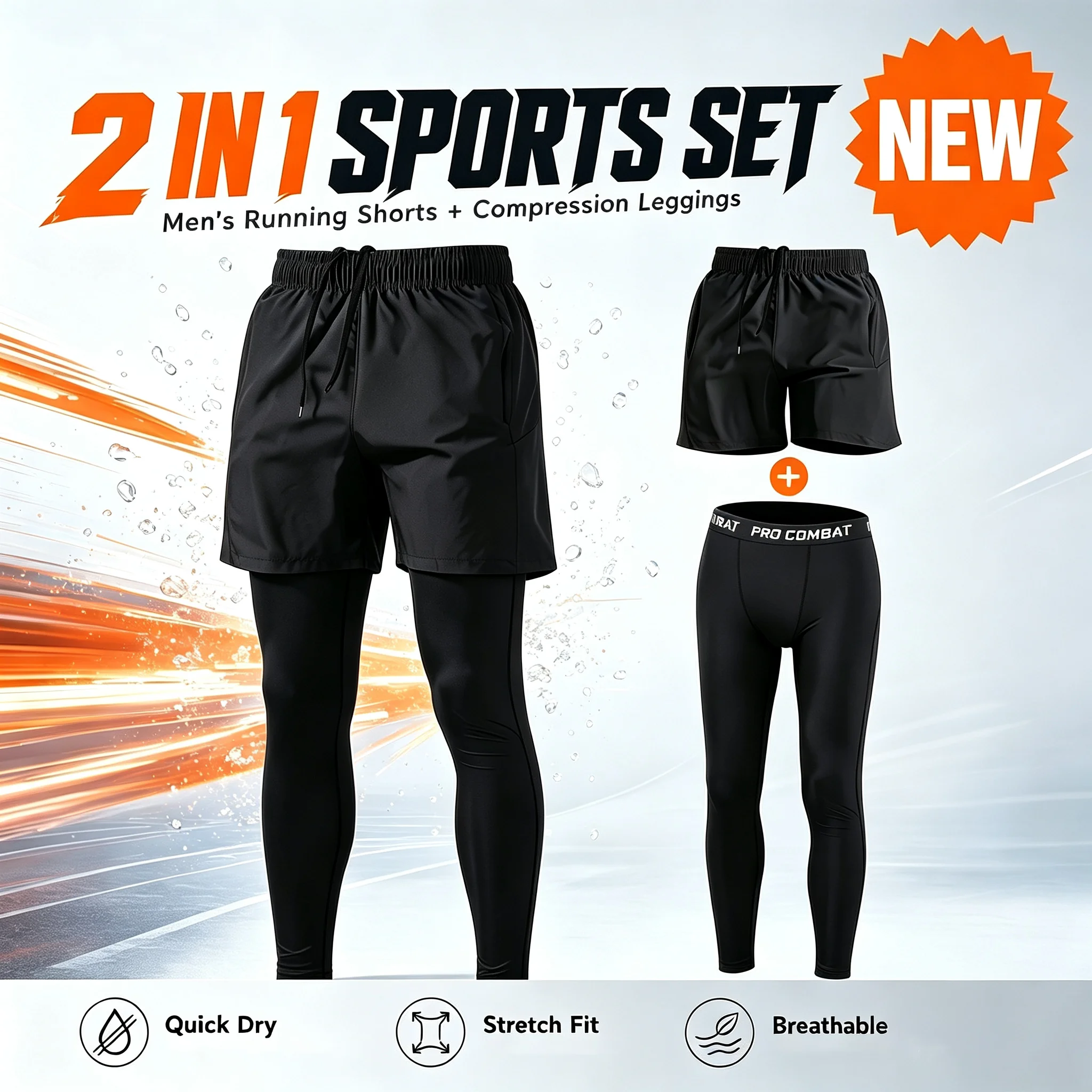 Compression Shorts Athletes - ชุดกางเกงกีฬา 2-in-1 สำหรับผู้ชาย พร้อมกางเกงเลกกิ้งรัดกล้ามเนื้อ กางเกงขาสั้นวิ่งแห้งเร็ว สำหรับออกกำลังกายในยิม