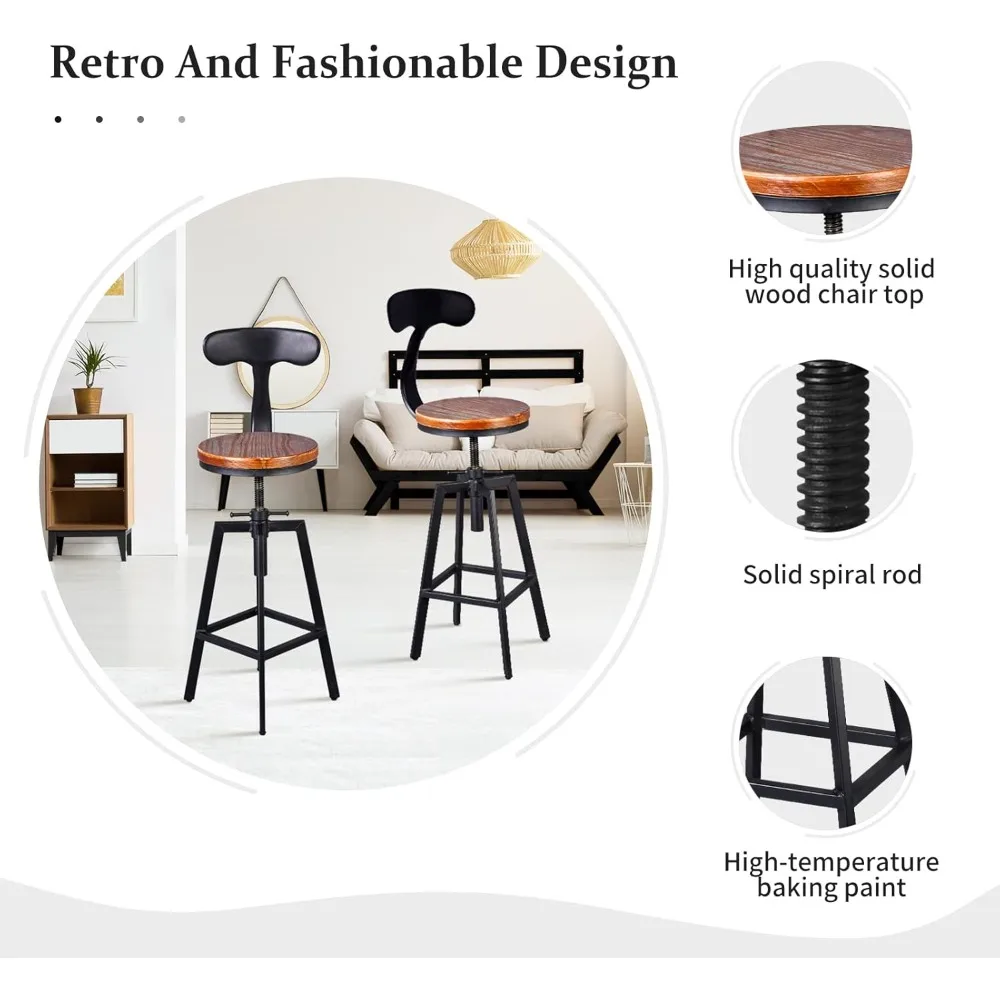 Taburetes de bar giratorios de estilo industrial con asientos de madera, altura ajustable de 25 a 32 pulgadas para comedor con isla de cocina