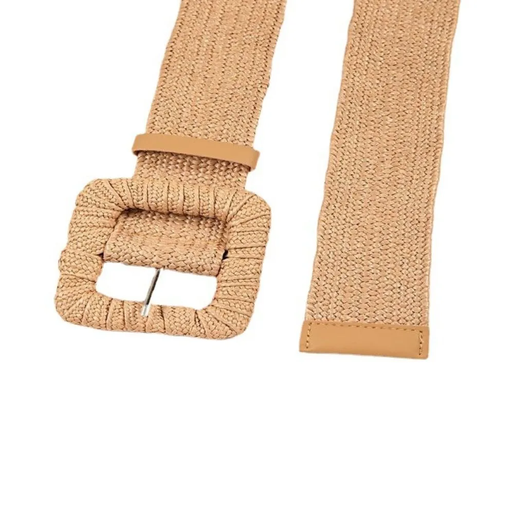 

Solid Color Pin Buckle Belts Bohemian PP Grass Wide Waist Belt Woven Elastic Braided Girdle Waistband Women