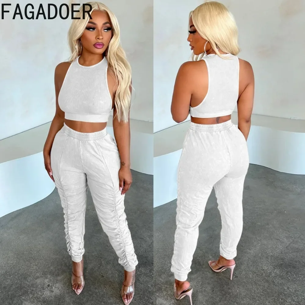 

FAGADOER Casual Solid Sporty Two Piece Sets Women Sleeveless Crop Vest And Stacked Pants Tracksuits Female Matching 2pcs Outfits