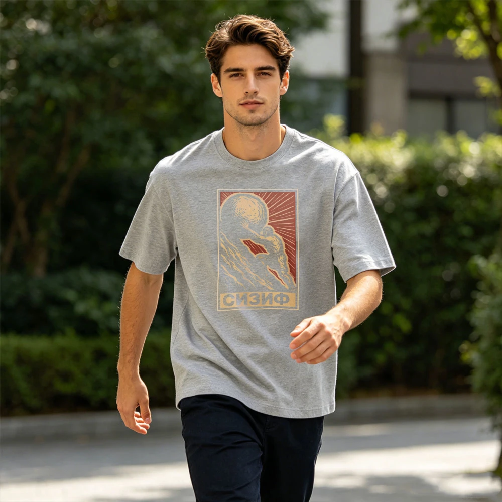 Soviet-Style Sisyphus Graphic T-Shirt Retro Propaganda Poster Aesthetic Tee Stoic Philosophy Motivational Cotton Short Sleeve