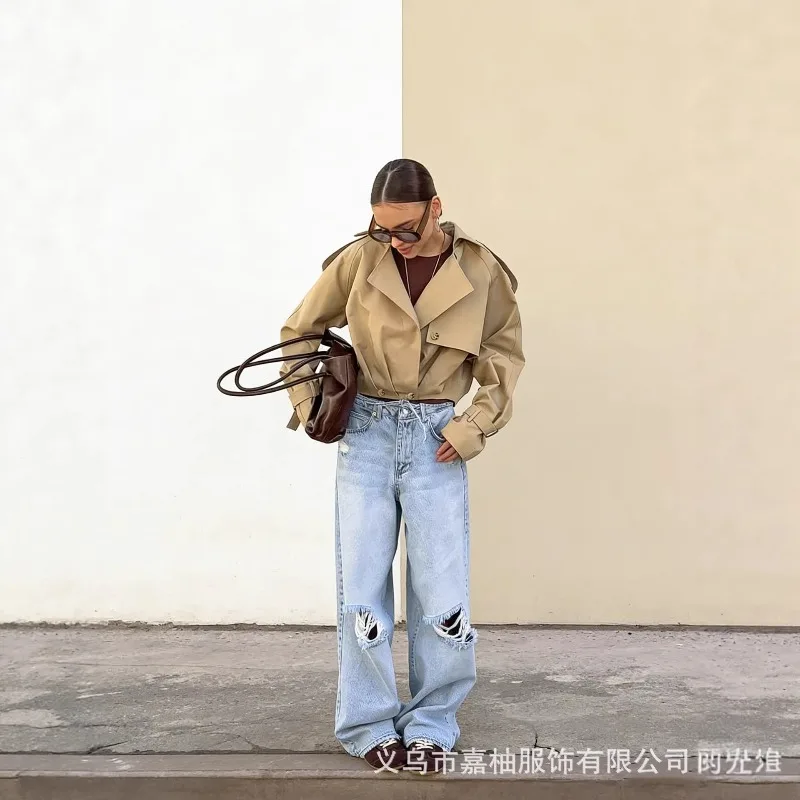 Cross Border Spring and Autumn Fashion Temperament Commuting Simple and Versatile Casual Short Trench Coat Button Jacket New