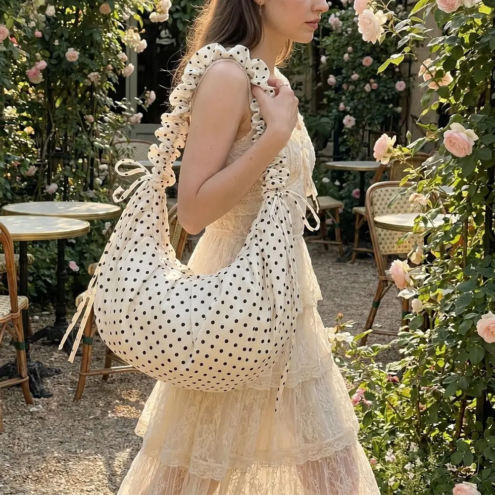 

Korean Style Polka Dot Shoulder Bag Lightweight Lace Pleated Drawstring Crossbody Bag Large Capacity Retro Dumpling Bag Outdoor