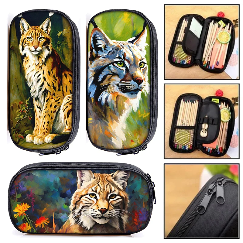 Colorful Bobcat Cosmetic Cases Wild Lynx Cat Painting Pencil Bag Storage Bags Zipper Pouch Pencil Box Student School Supplies