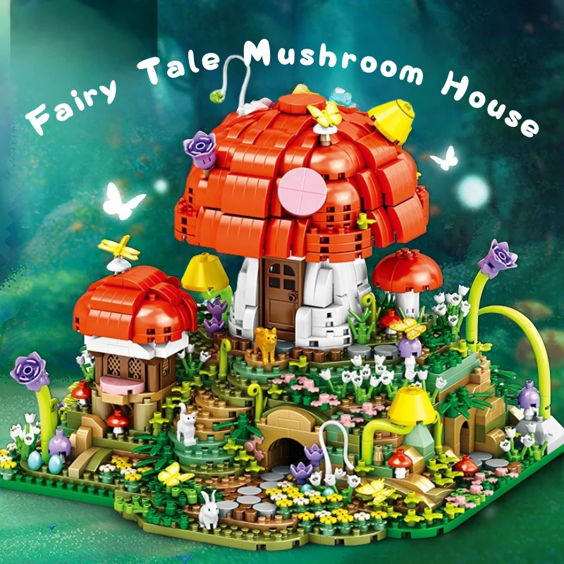 

New building block plastic micro particles DIY assembly toy model mushroom house