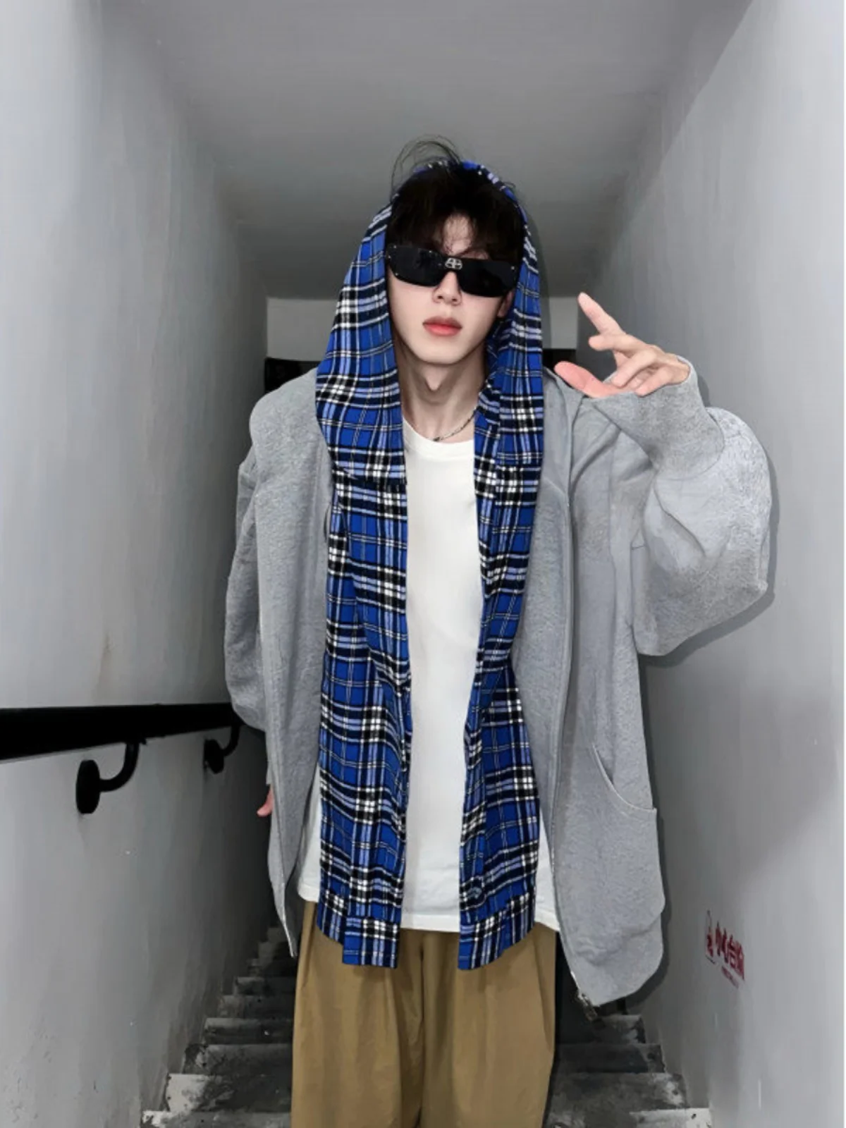 

Мужская толстовка-куртка с клетчатыми вставками, весенне-осенняя, в американском стиле, для пар, утепленная ветровка свободного кроя, немнущаяся