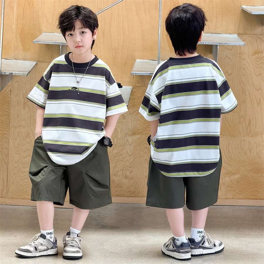 

New Arrival Stylish Kids Summer Striped Suit for Teenage Boy Fashion Street Clothing Children Casual T-shirt Shorts 2PCS Set