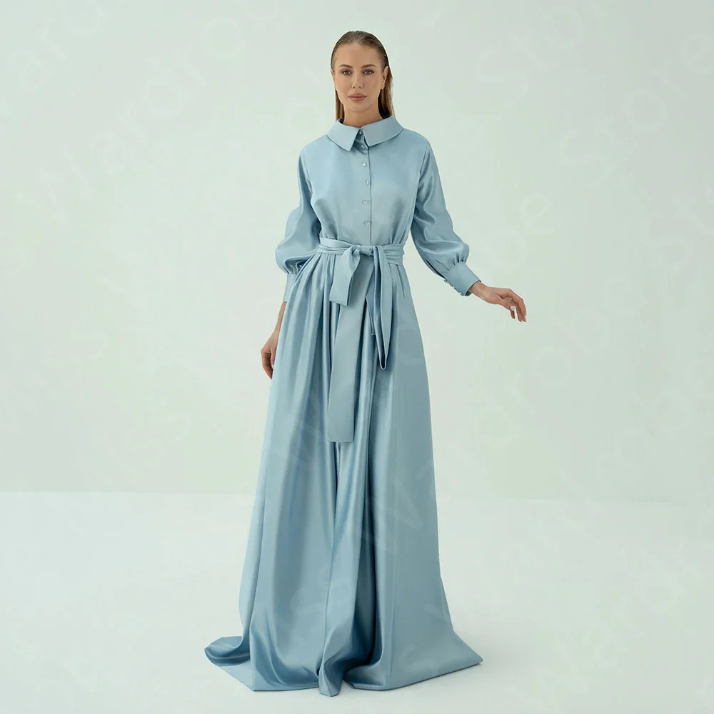 Maßgeschneiderte klassische babyblaue Abendkleider, bescheiden, 2025, Abschlussball-Party-Kleider, lange Ärmel, Hochzeitsgast-Kleider, Arabisch mit Gürtel – Detail 6