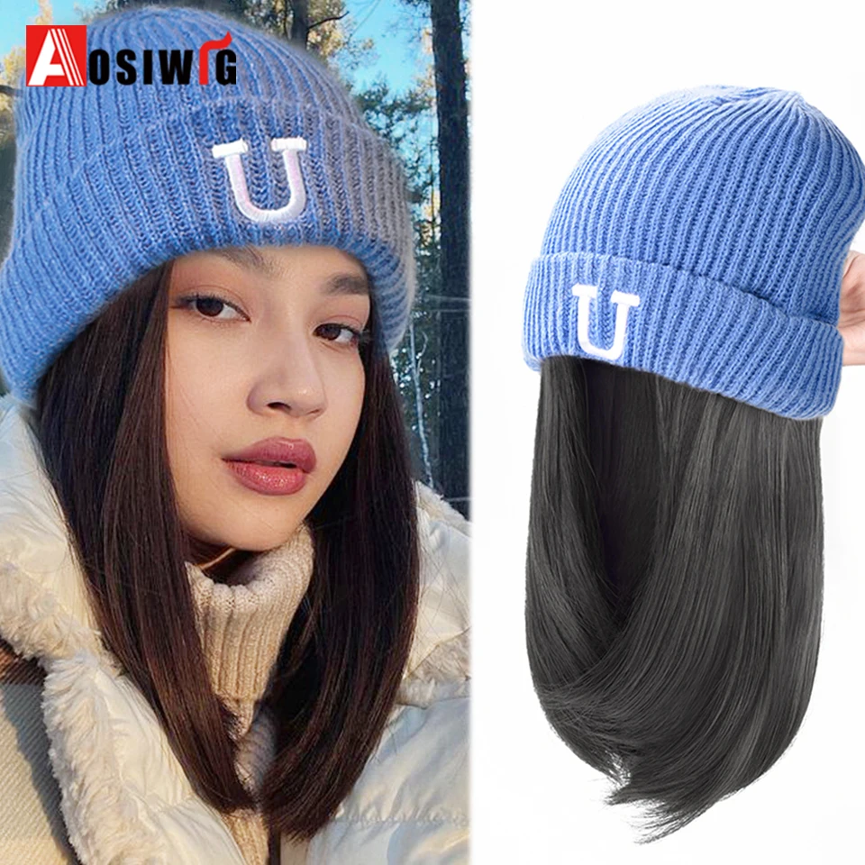 

Short Hair Hat Wig Natural Brown Wig Connected With Synthetic Knitting Hat Hair Warm Wig In Winter Adjustable For Women