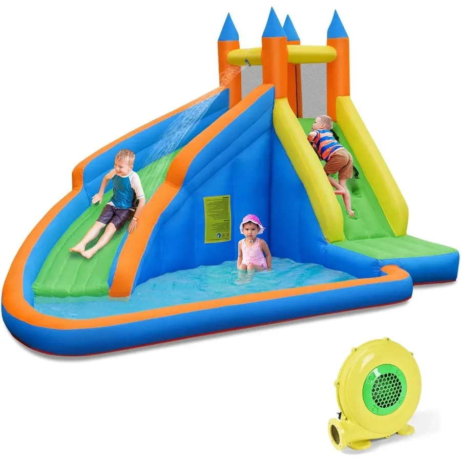 Aufblasbare Hüpfburg für Kinder, aufblasbare Wasserburg mit Rutsche, Kletterwand, Spritzbecken, aufblasbarer Türsteher mit Luftgebläse, Tragetasche B