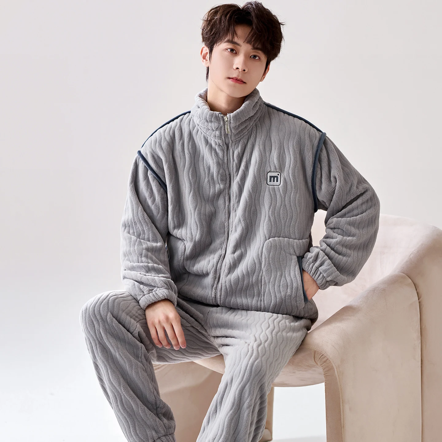 Winter men pajamas thick flannel pyjamas male with zipper coral fleece cardigan men big yards 4XL sleep tops+long pants 2pcs/set