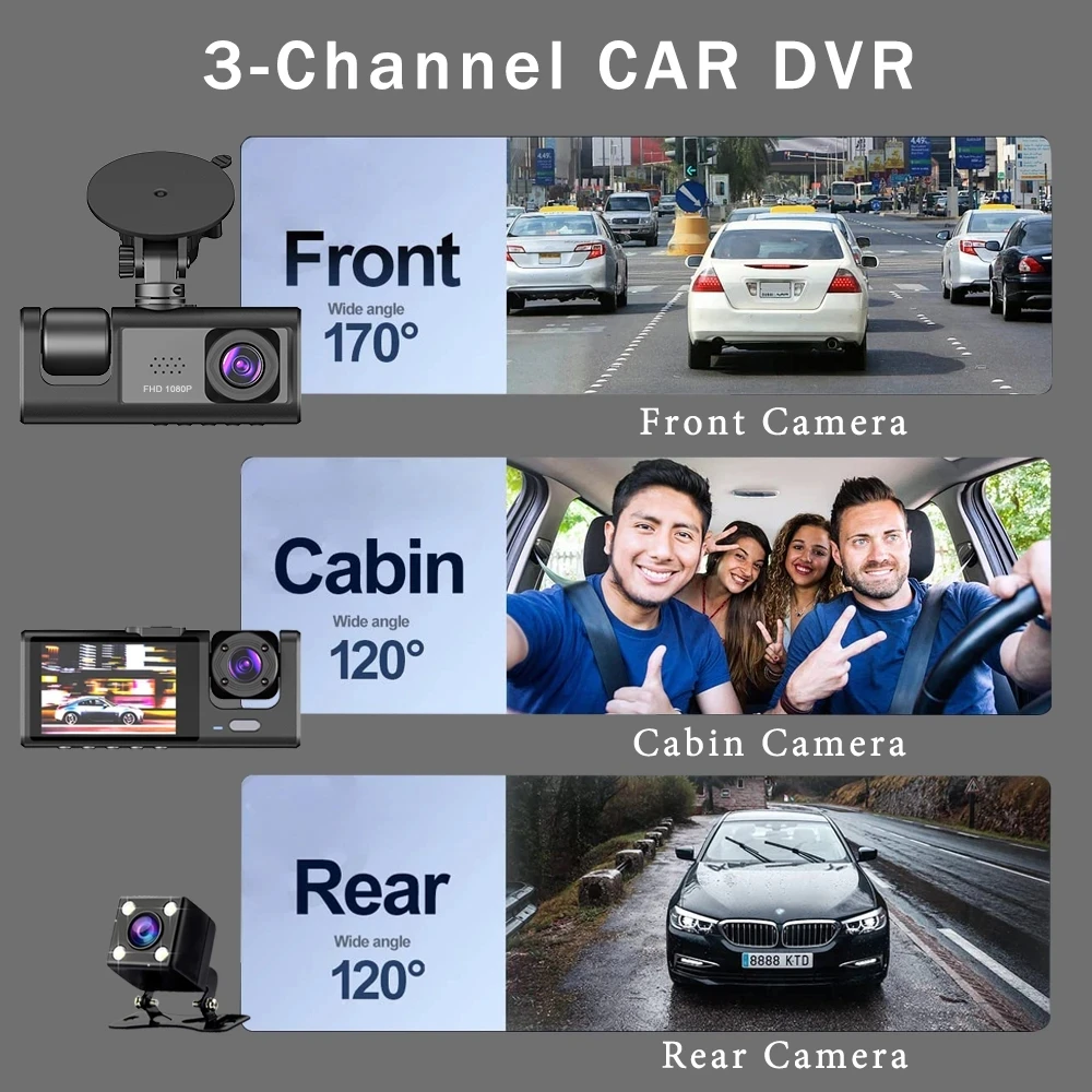 

Dash Camera W/ IR Night Vision Loop Recording & 2" IPS Screen 1080P 3 Camera ， DVR recorder, video recorder, Vehicle DVR