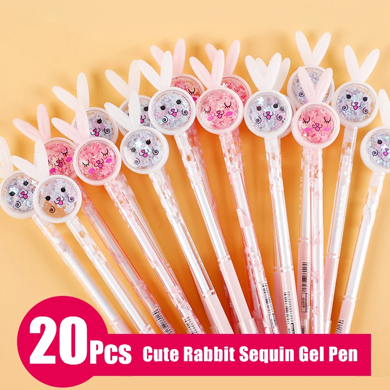 

20Pcs/Lot Cute Rabbit Sequins Gel Pen Bunny Writing Pens Student School Office Stationery 0.5mm Black Ink Signature Pen Gifts