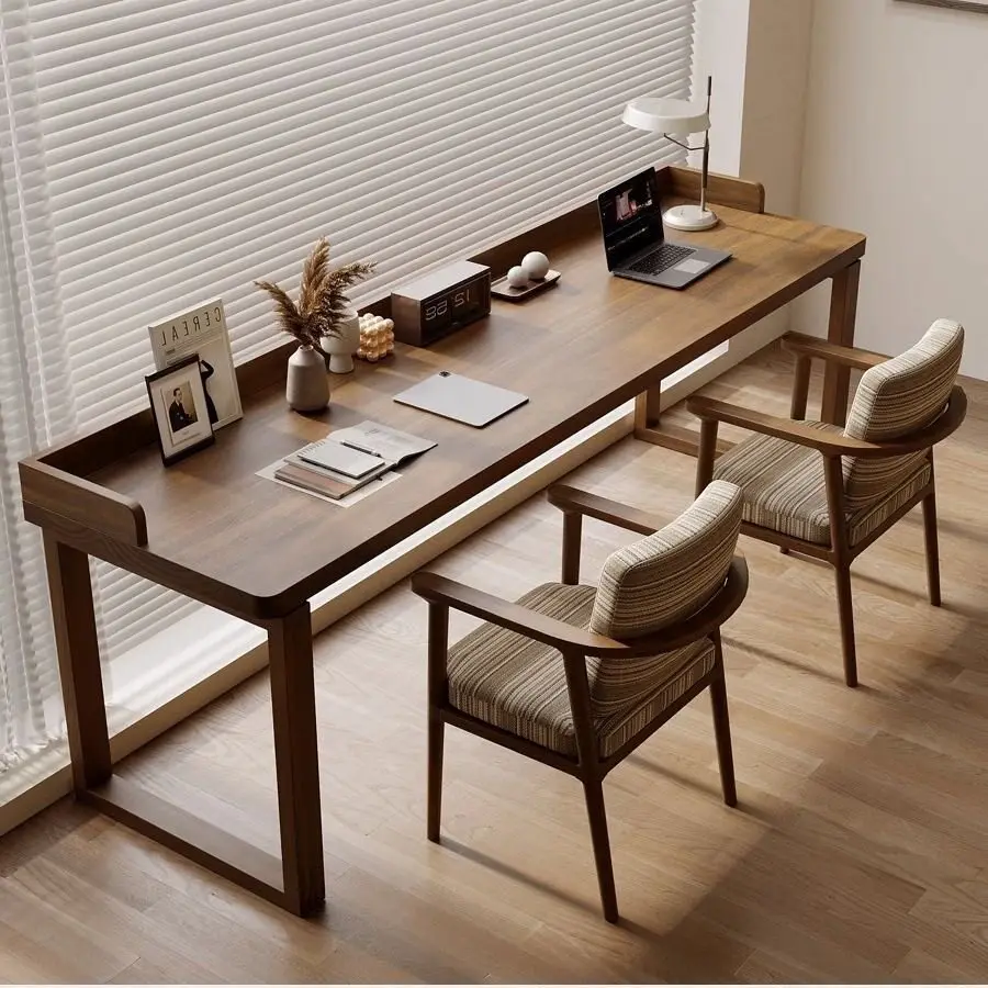All solid wood desk workbench double computer desk against the wall long home office study table