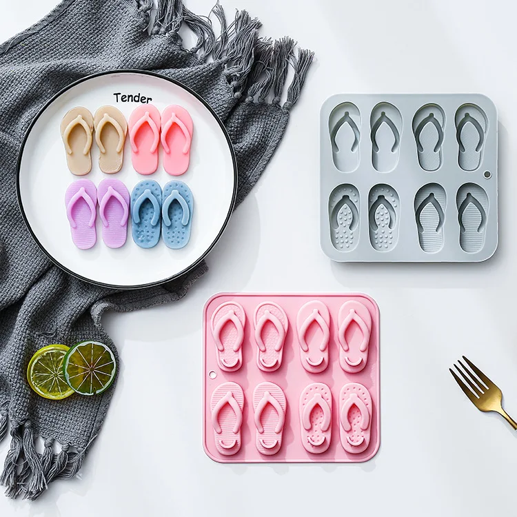 8-hole Flip-flops Theme Silicone Molds Fondant Candy Chocolate Mould Summer Vacation Ice Grid Epoxy Resin Mold Cake Decoration