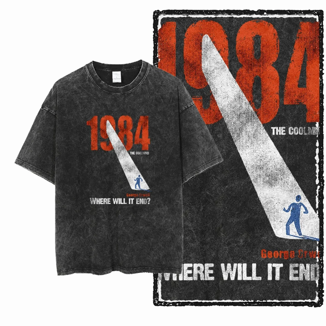 

Vintage Washed 1984 Graphic Where Will It End Slogan Men T Shirt Oversized Black T-Shirt Vintage-styled Casual Streetwear