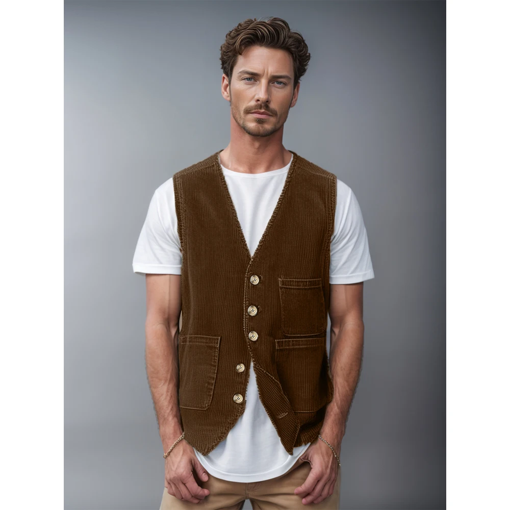 Men\'s new spring and autumn corduroy vest with pocket splicing design multi-color optional single-breasted V-neck men\'s vest