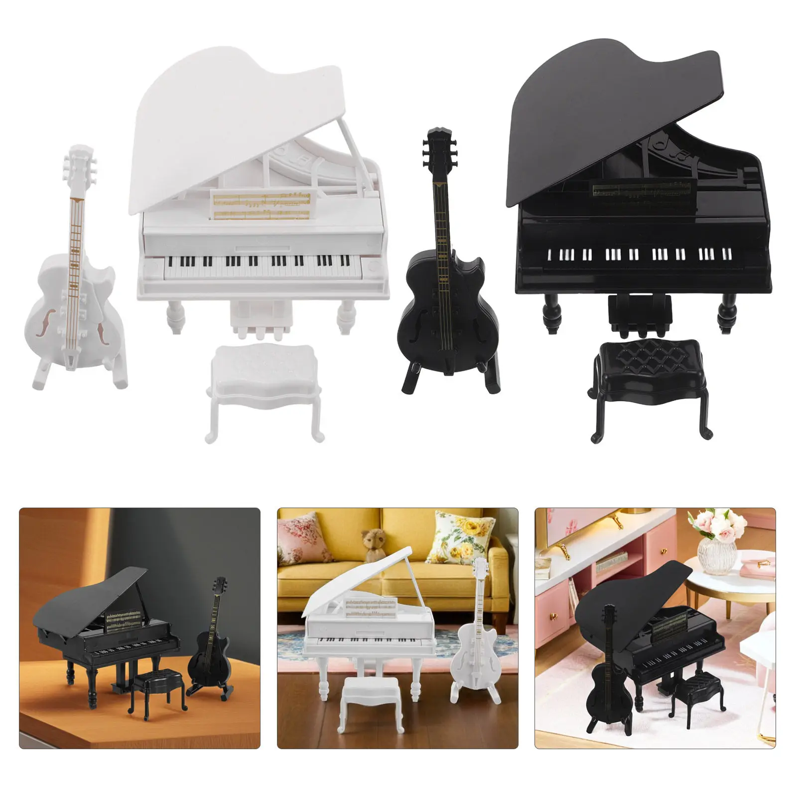 2Sets Miniature Musical Instruments Micro Piano and Guitar Realistic Design for Dollhouse Decoration Music Classroom Mini Grand