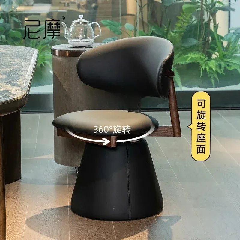 Premium leather rotating master chair black walnut tea chair medium ancient solid wood single dining chair