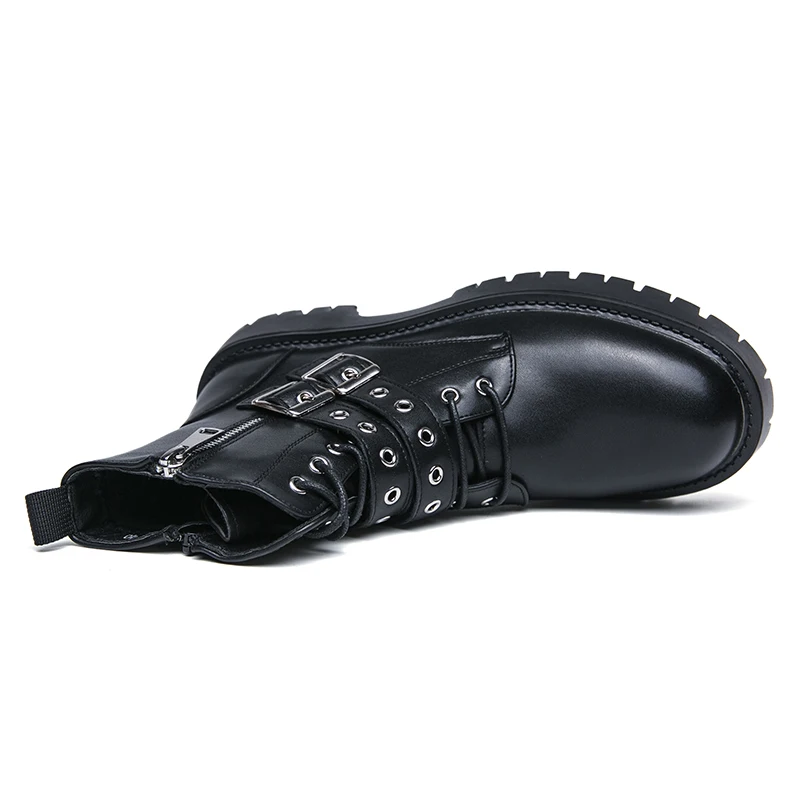 New Black Motorcycle Boots for Men Brown Lace-up Round Toe Platform Short Boots Western Boots Size 38-45