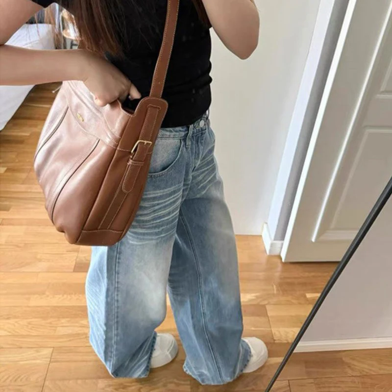 جينز مستقيم أزرق فاتح عتيق للنساء ملابس الشارع عالية الخصر واسعة الساق سراويل جينز امرأة أمريكية فضفاضة السراويل الإناث