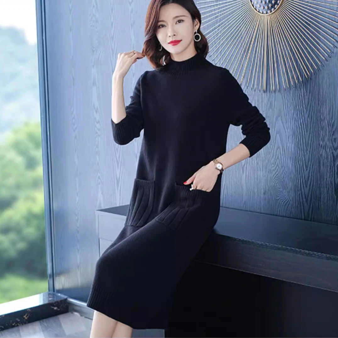 New Autumn Winter Women's Mid - long Knitted Dress: Half - high Collar, Wool, Loose & Thick, Below - knee Dresses