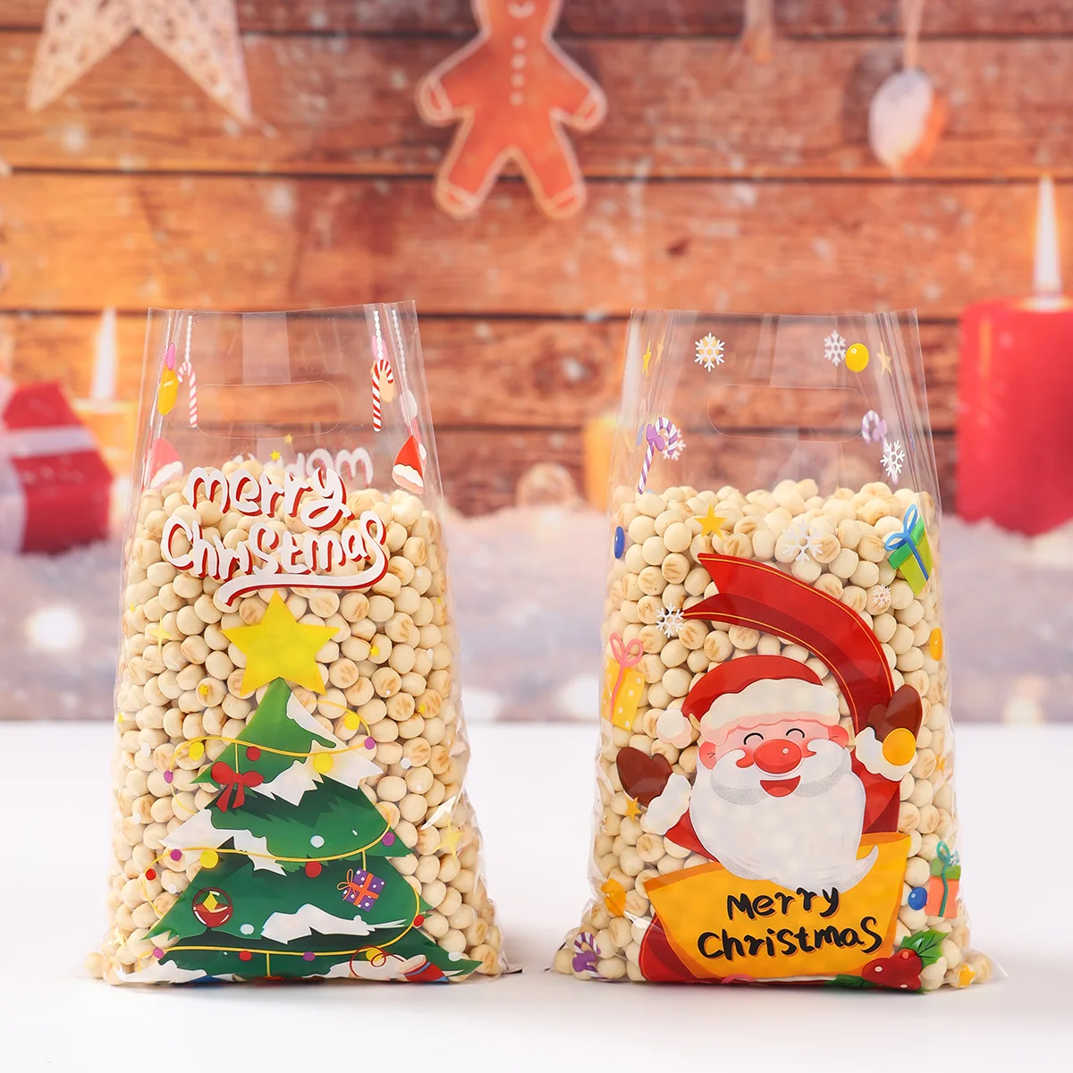 10/25/50pcs 크리스마스 투명 캔디 가방 크리스마스 장식 산타 엘크 선물 가방 Navidad 크리스마스 선물 가방 Cristmas 포장 가방