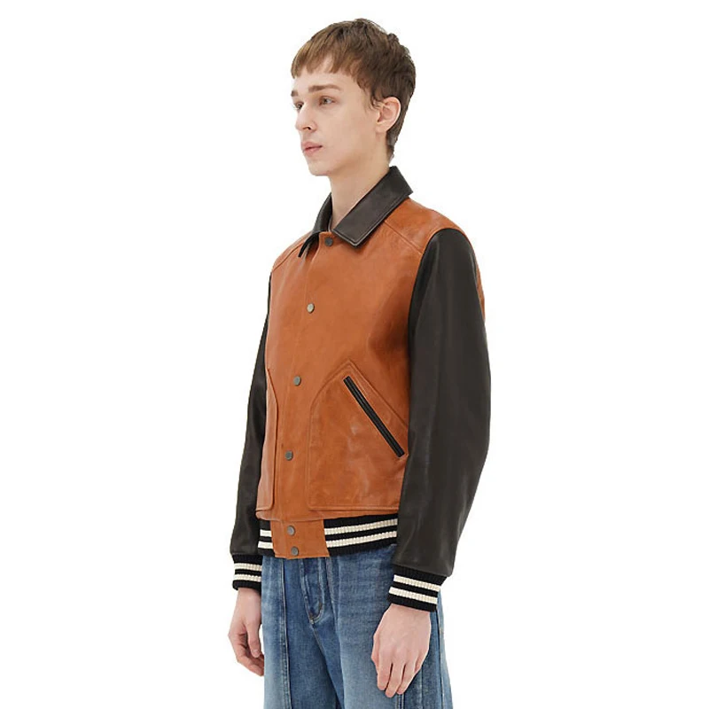 Classic leather baseball jacket British fashion autumn and winter new product lapel sheepskin custom short Coat