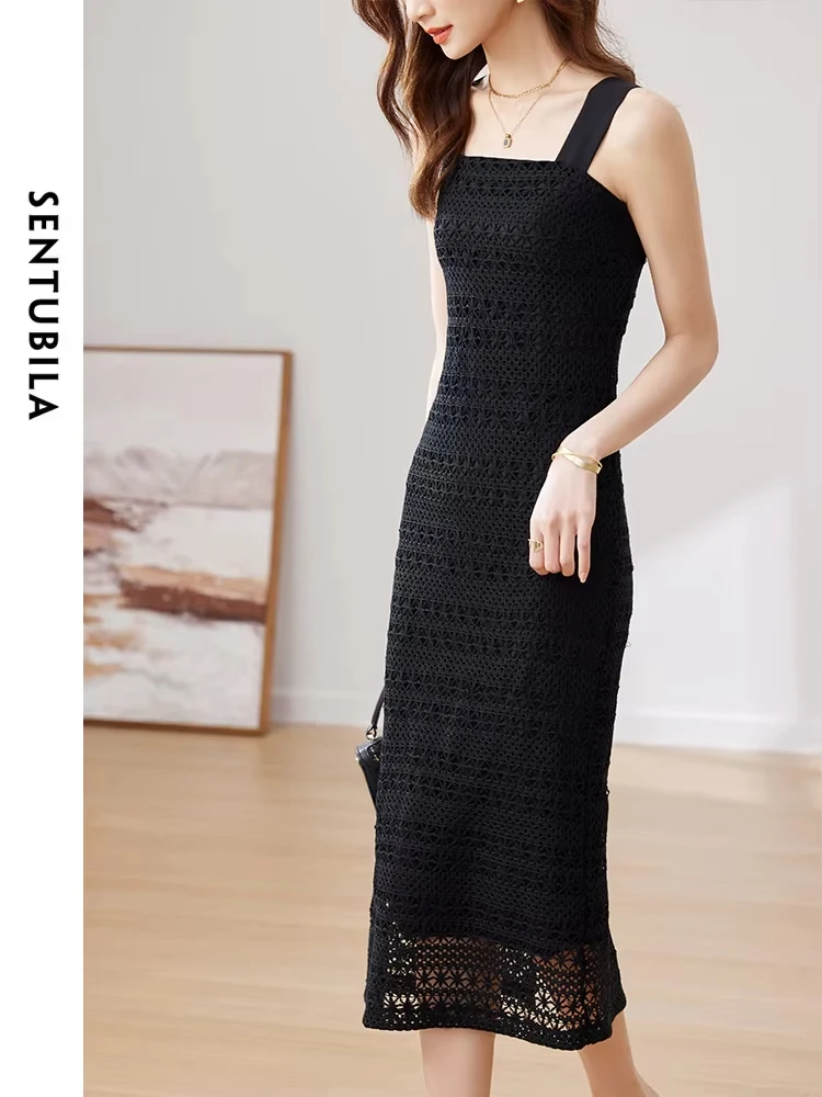 SENTUBILA Summer Long Crochet Knit Dress for Women 2024 Elegant Black Square Collar Sundress Sleeveless Strap Split Dresses