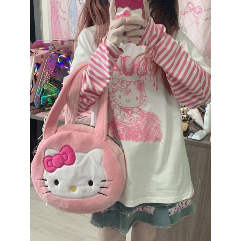 Abifeng Culture Y2k الحلو والرائع مرحبا كيتي ثلاثية الأبعاد قميص مطبوع لطيف وناعم فتاة طويلة الأكمام التجفيف السريع تي شيرت #1