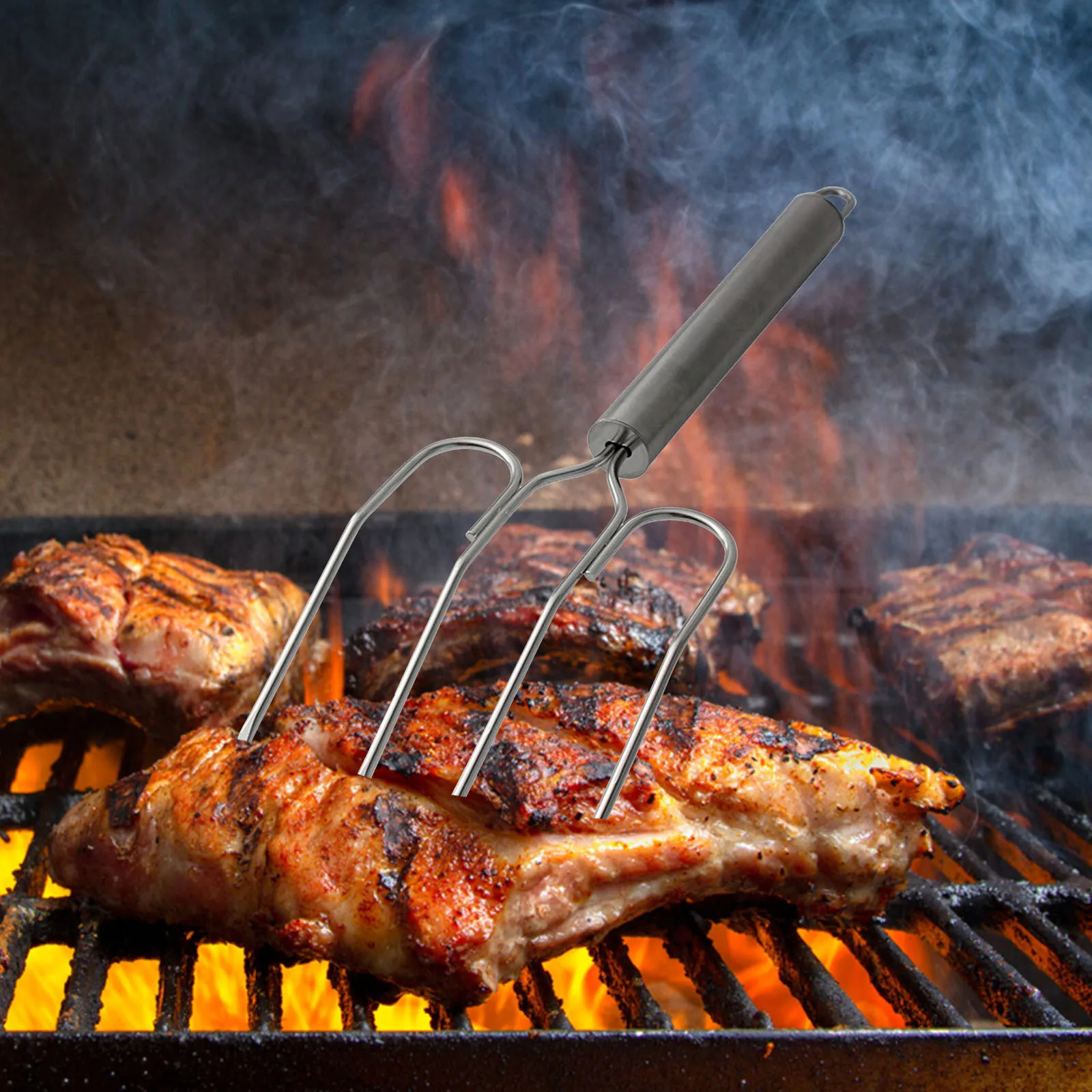 

1pc Stainless Steel Bbq Fork Set Turkey Lifter For Outdoor Grilling Picnic Roast Tool Poultry Fork For Chicken Steak Sausage