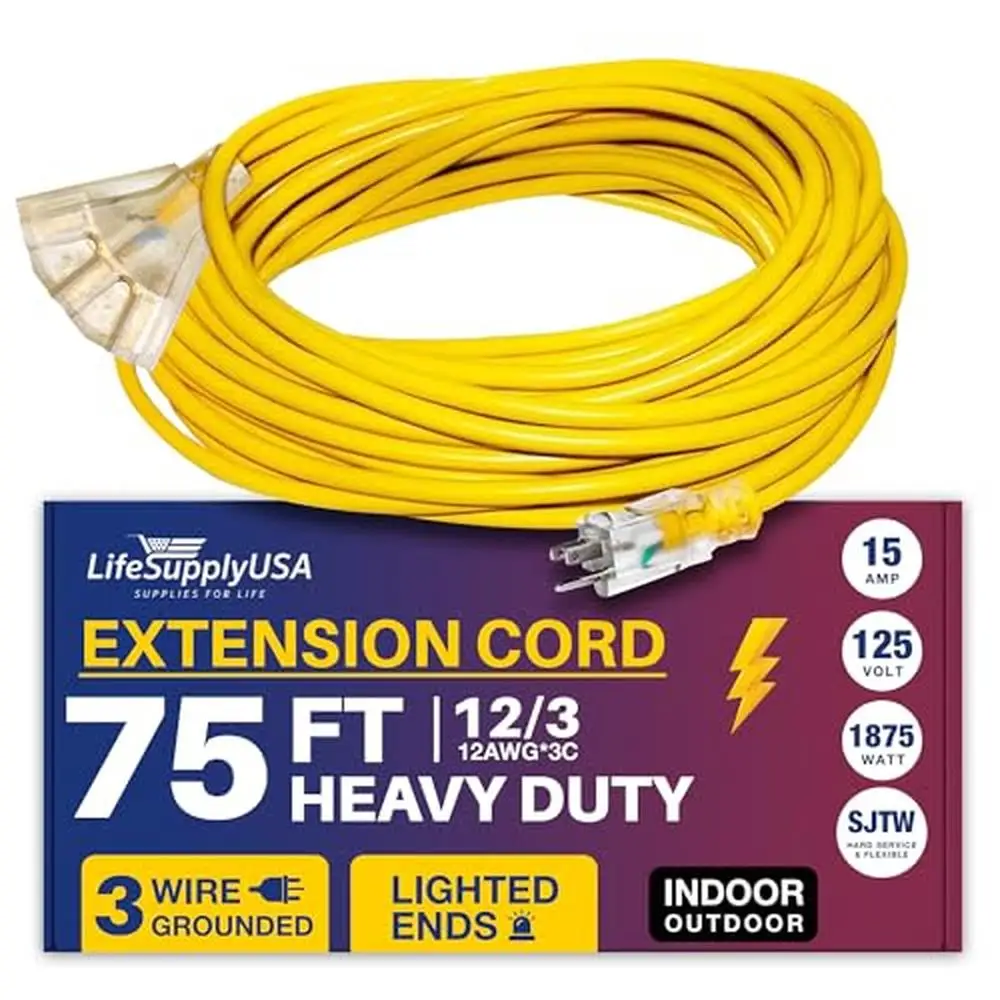 75ft 3-Outlet Outdoor Extension Cord Waterproof Electric Cable 12 Gauge 15A 125V AMP Drop SJTW Ultra-Durable Power Supply