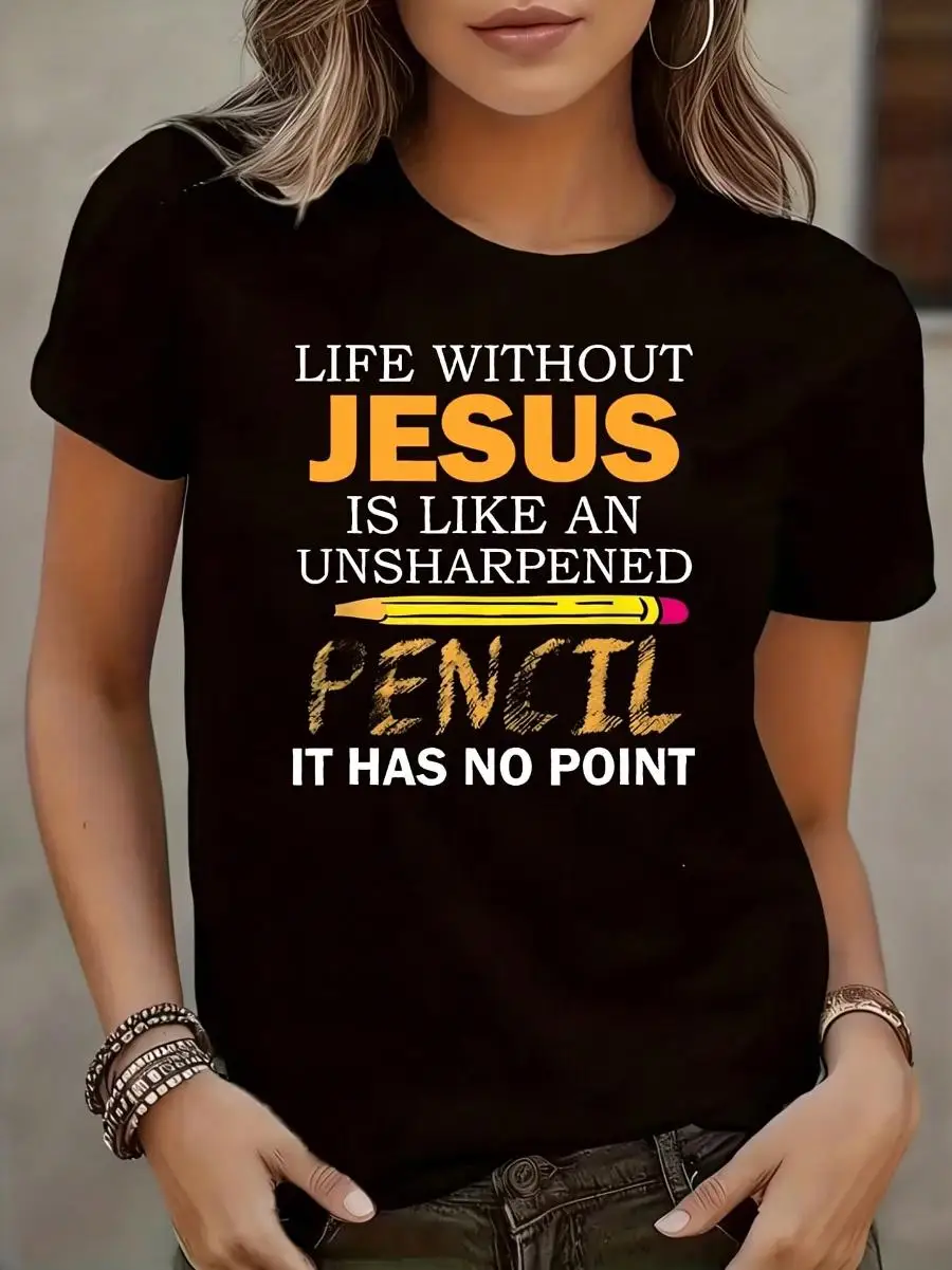 Life Without Jesus Funny Christian Religious Faith Women s Plus Size Short Sleeve T-Shirt Novelty Crew Neck Top Shirt Casual Funny Oversized Grap