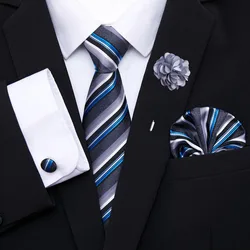 Luxury Holiday Tie For Men 7.5 cm Tie Pocket Squares Cufflink Pin Set Bow Tie Clip Necktie Box Blue Stripe Birthday Gift