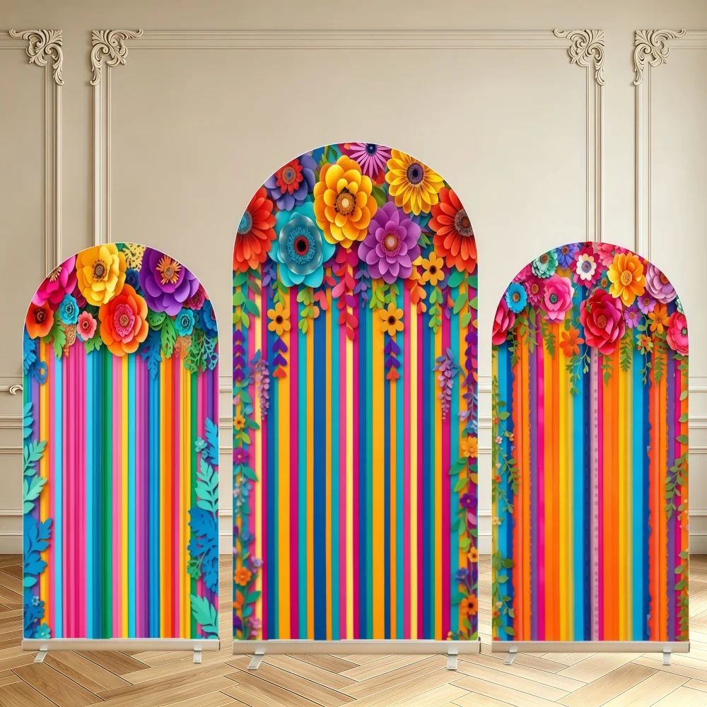 Mexican Fiesta Arch Backdrop Cover Rainbow Stripe Colorful Floral Flower Fiesta Carnival Party Decoration Arch Cover Background