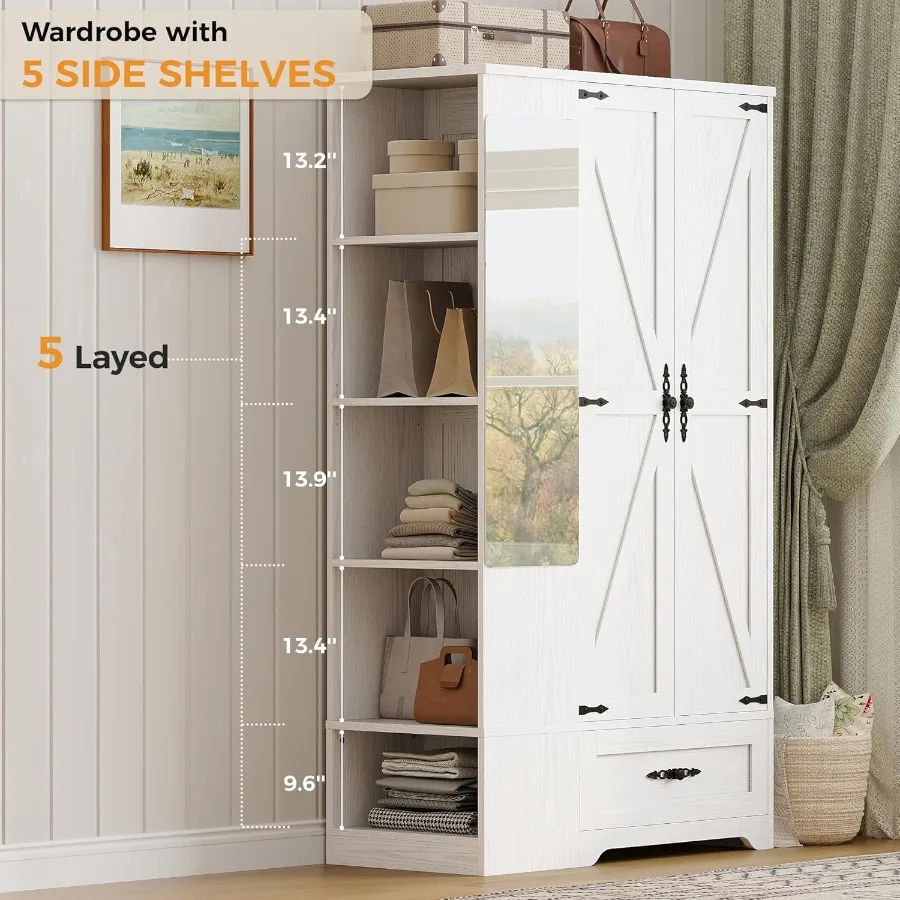 70 خزانة ملابس خشبية عالية لغرفة النوم مع مرآة ببابين خزانة ملابس تتميز بقضيب معلق 5 أرفف بناء