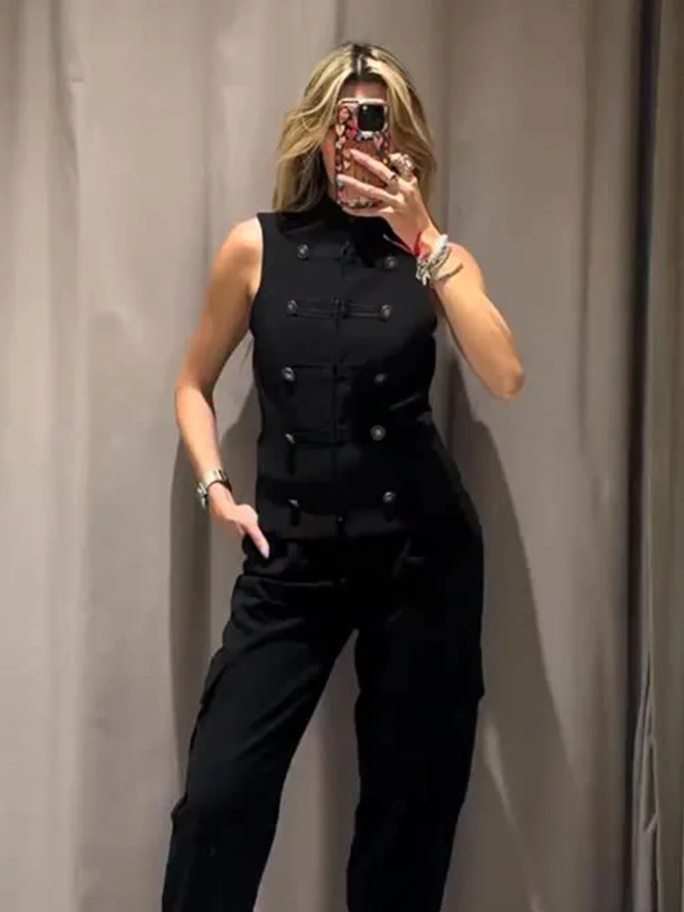 

HH Women Summer New Fashion Retro Versatile Stand Collar Rope Buckle Vest Female High Street Casual Brass Button Sleeveless Top