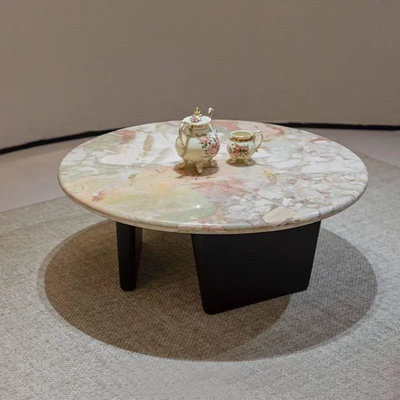 Natural luxury stone pattern round coffee table, living room household four seasons pink marble solid wood tea table high sense