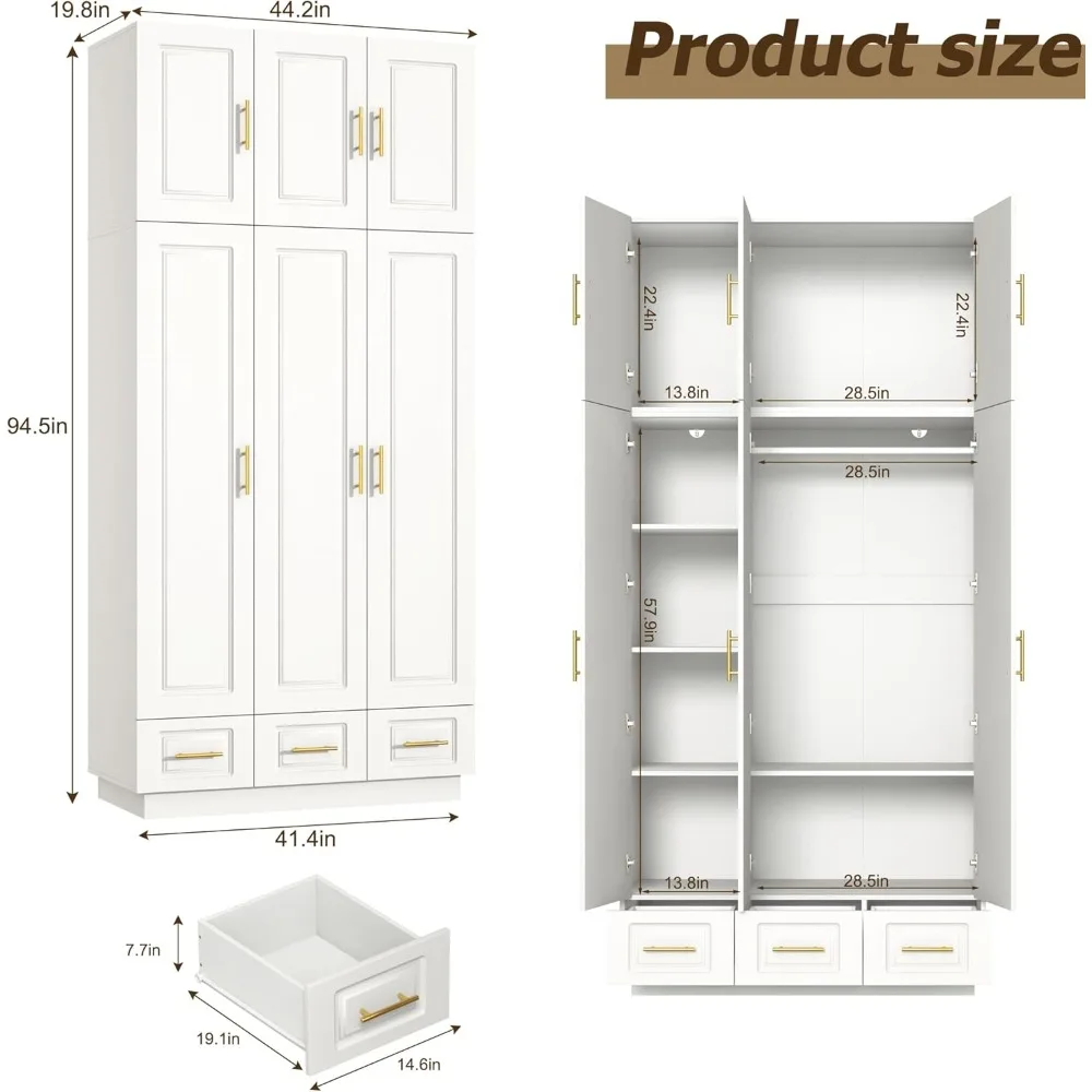 Large Armoire Wardrobe Closet Cabinet with Drawers and LED Lights, Multi-Tier Shelves, Hanging Rod, Large Capacity Storage